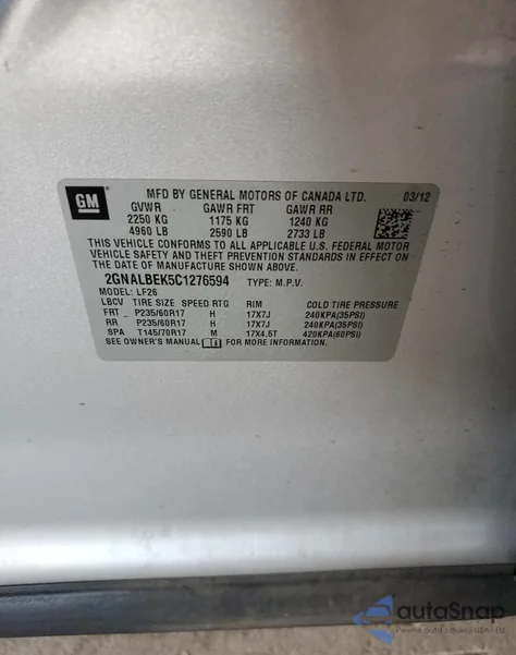 2012 Chevrolet Equinox Ls из США, поврежденный, VIN 2GNALBEK5C1276594